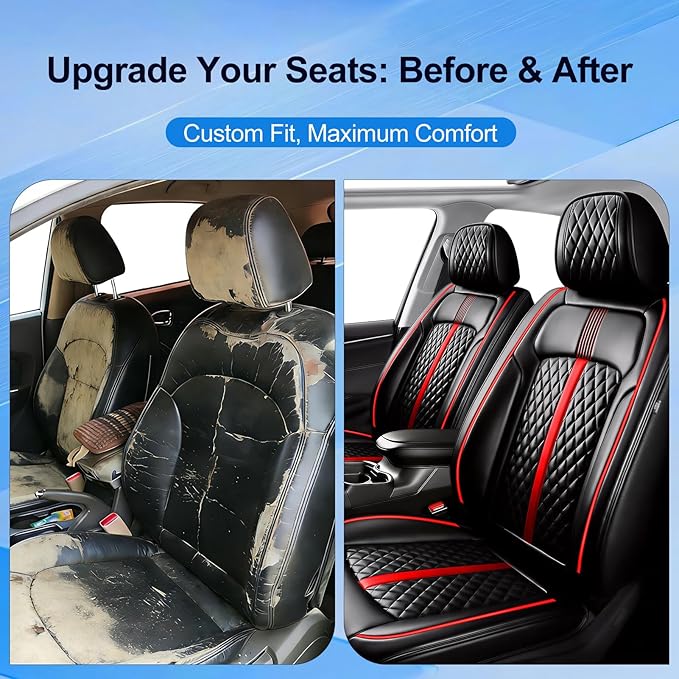 Fit Impala Car Seat Covers for Select Chevrolet/Chevy Impala 2000-2020, Premium Full Coverage Leather, Airbag Compatible, Waterproof All Weather Seat Protector, Full Set, Red Trim