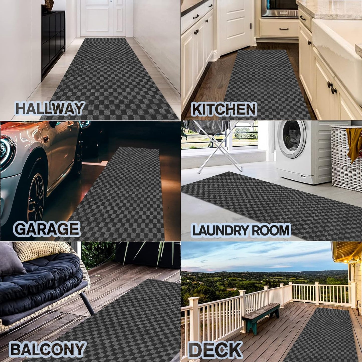 Custom Size Backed Non-Slip Area Rugs Runner, Easy Clean, Waterproof Runner Rugs for Hallway Entryway, Kitchen, Laundry, 4FT x 82FT, Gray Checkered