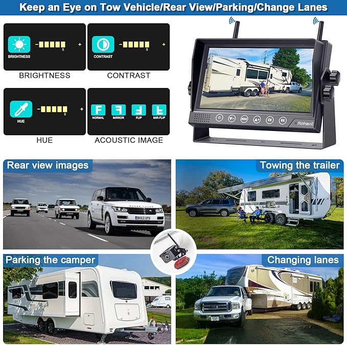 Rohent RV Backup Camera Wireless HD1080P 2 Cameras with 7 Inch Touch Key DVR Monitor Stable Digital Signals Rear View Camera System IP69K Waterproof Pigtail Wire Adapter for Furrion Pre-Wired RVs R8