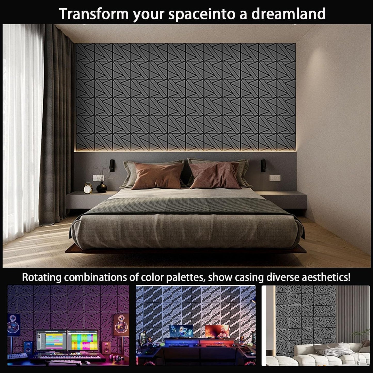 50 Pack Bulk Self-Adhesive Soundproof Wall Panels, 12 x 12 x 0.47 In Sound Proof Foam Panels for Walls, 1.2lb/ft³ High Density, Thicker 0.47in, Acoustic Panels, Duty for Large Walls Black