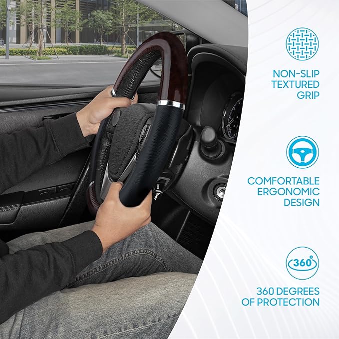 BDK Dark Wood Grain Car Steering Wheel Cover, Standard 15 inch with Black Faux Leather Grip, Made to Fit Most Auto Truck Van SUV