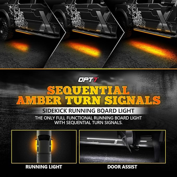 OPT7 Sidekick 48" Running Board Lights 2PCS LED Strips w/Sequential Amber Turn Signal Side Marker, DRL, White Courtesy Light for Regular Cab Pickup SUV Trailer - Truck Decorations