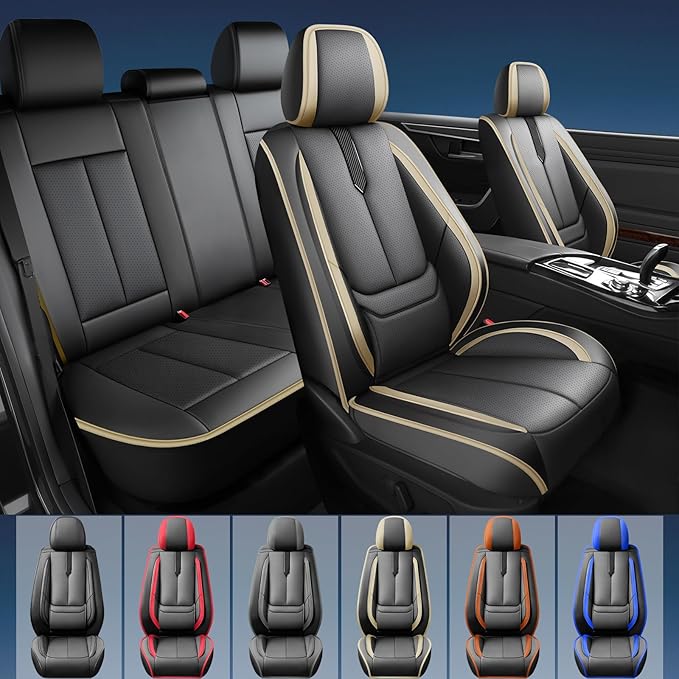 Fit Santa Fe Car Seat Covers for Hyundai Santa Fe 2007-2025 2026 -Upgraded Premium Waterproof & Breathable Leather,Airbag Compatible,All-Weather Seat Cushion Protector,2 Front/Black-Beige