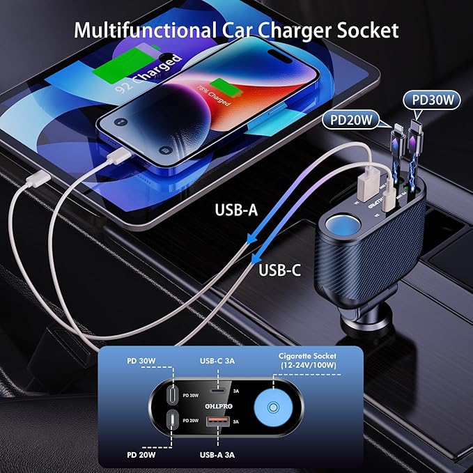 OHLPRO Retractable Car Charger Cigarette Lighter Adapter, 168W 5 in 1 Fast Phone Charging Built-in Replaceable Fuse, Socket Splitter with USB C and USB i Cord, Fit for Phone iPad Galaxy GPS, Blue