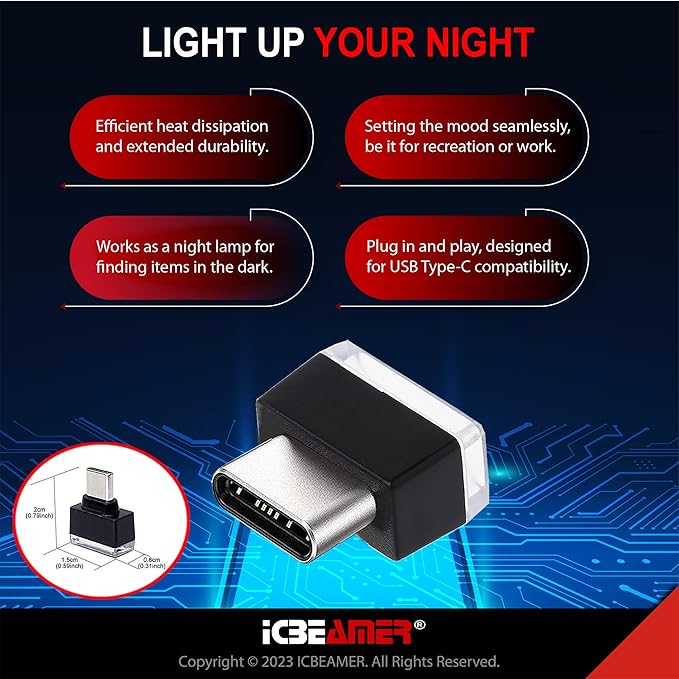 ICBEAMER Type C Adapters Atmosphere Light 1-Pack (Green) | Universal Plug-in Miniature LED Night Light for Car Interior and Trunk Ambient Illumination