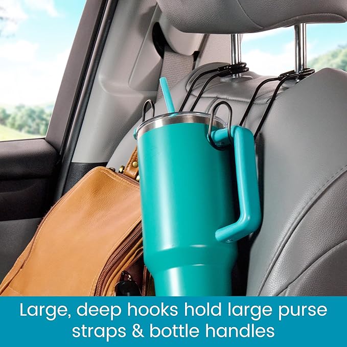 High Road Unbreakable Car Bag Hooks - Large, Solid Metal Car Seat Hooks for Purse, Backpack, Coats, Hats and Heavy Bags up to 40 lbs - Secure Attachment Fits All Metal Headrest Posts, 2-Pack