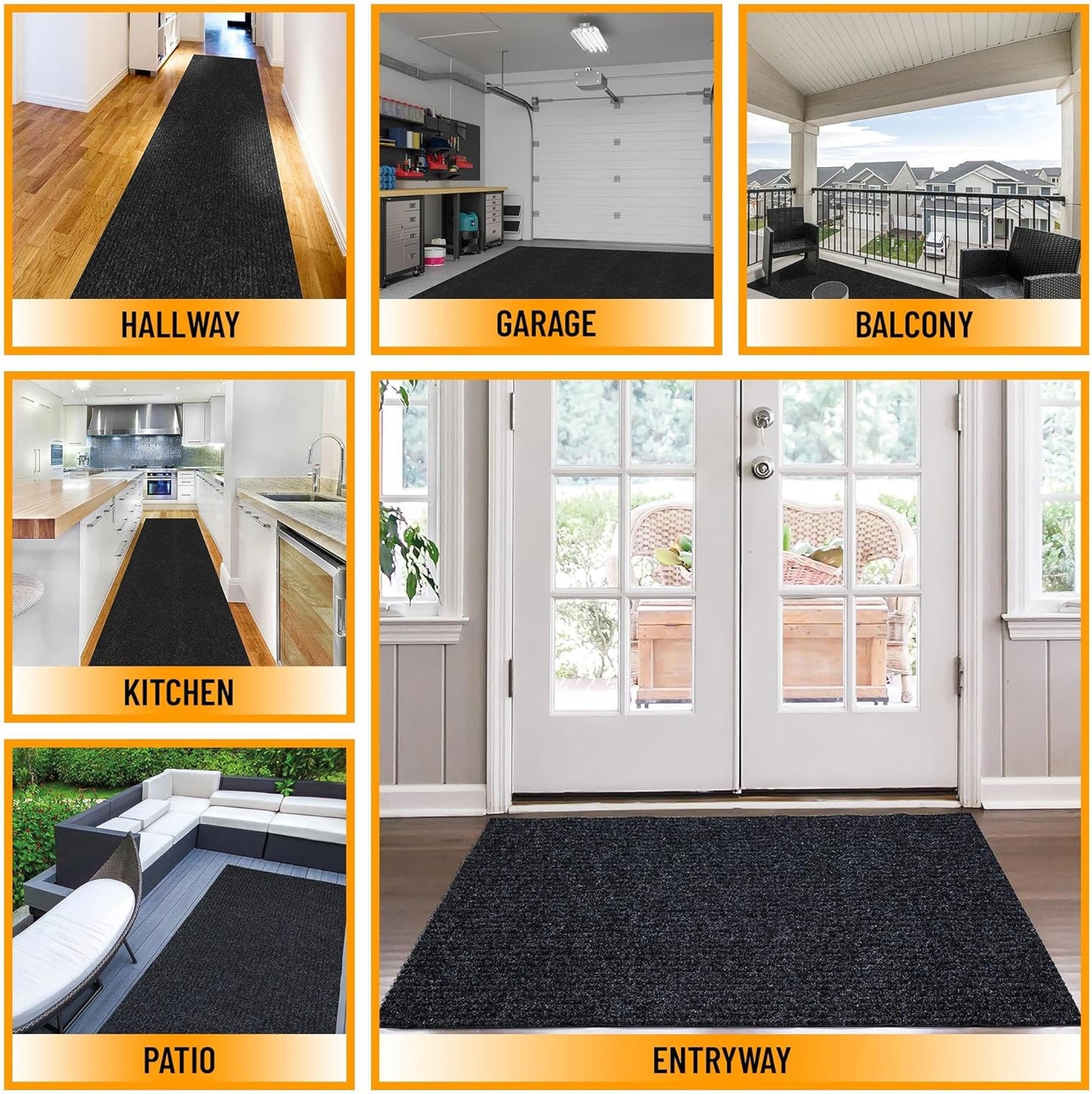 Ottomanson 2' x 22' Hallway Runner with Scraper Pile Extra Durable Non-Slip Rug Mat for Indoor & Outdoor Use - Ideal for Kitchen, Entryway, Patio & Garage - High-Traffic Carpet, Black