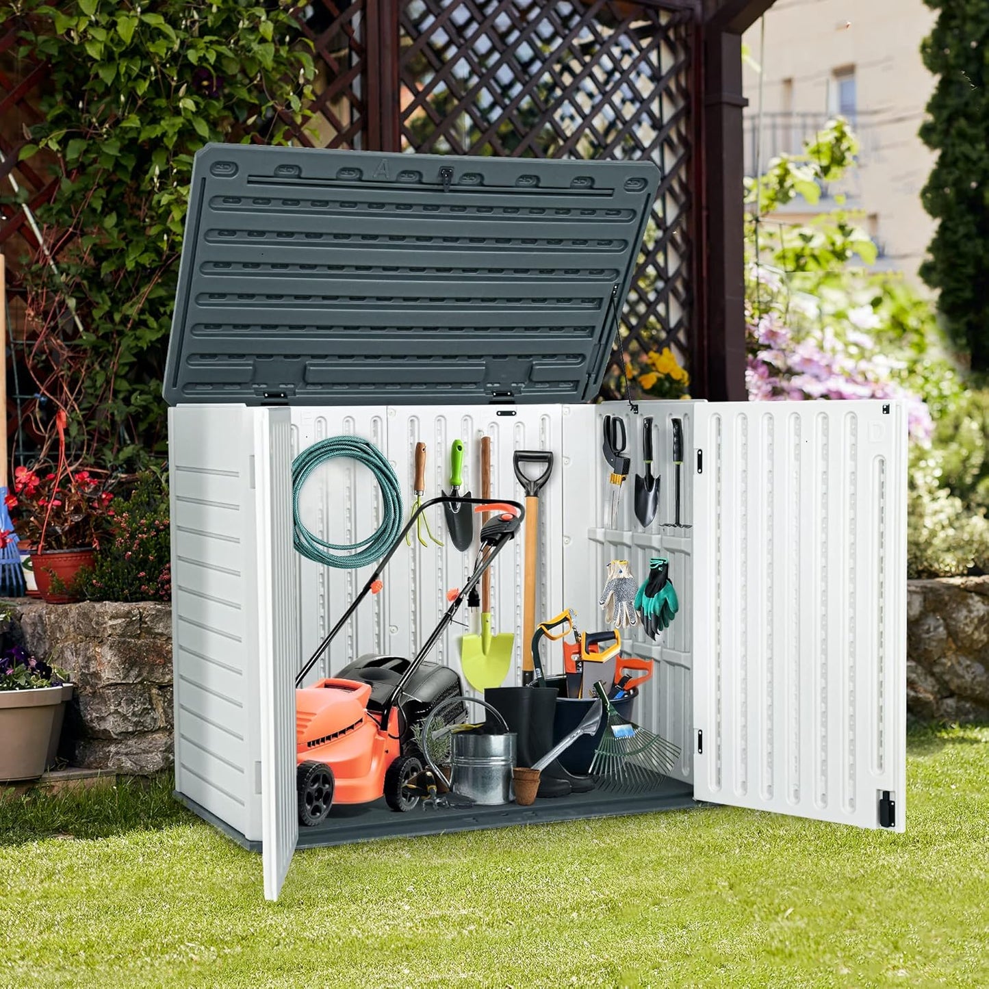 YITAHOME Outdoor Resin Storage Sheds, 39 in Height Lockable Waterproof Horizontal Shed w/o Shelf, Easy to Assemble Shed Storage for Garden Tools, Light Gray