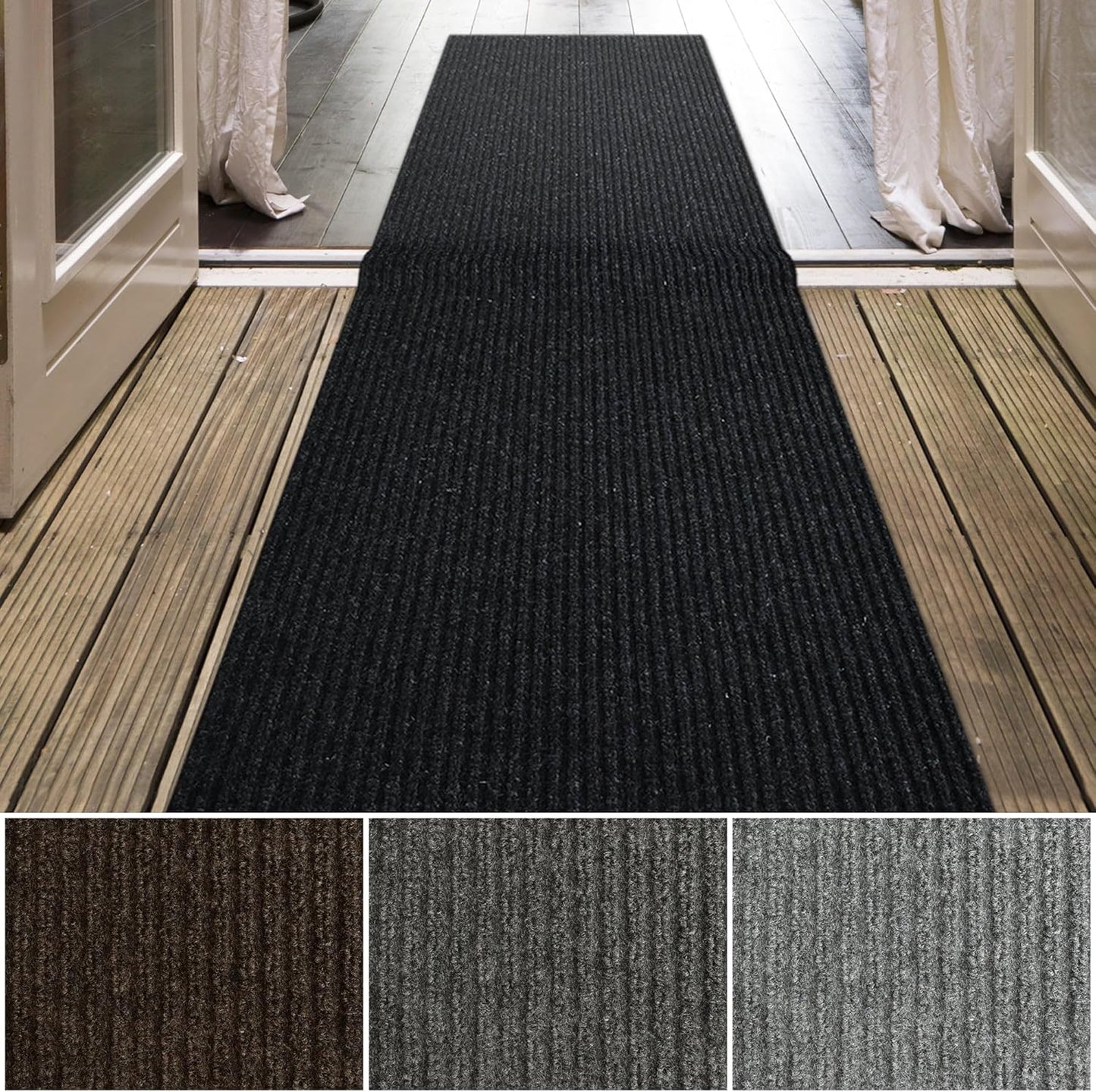 iCustomRug Spartan Weather Warrior Indoor/Outdoor Utility Ribbed Carpet Runner with Non-Slip Thermoplastic Rubber Backing, 28in X 74ft in Black
