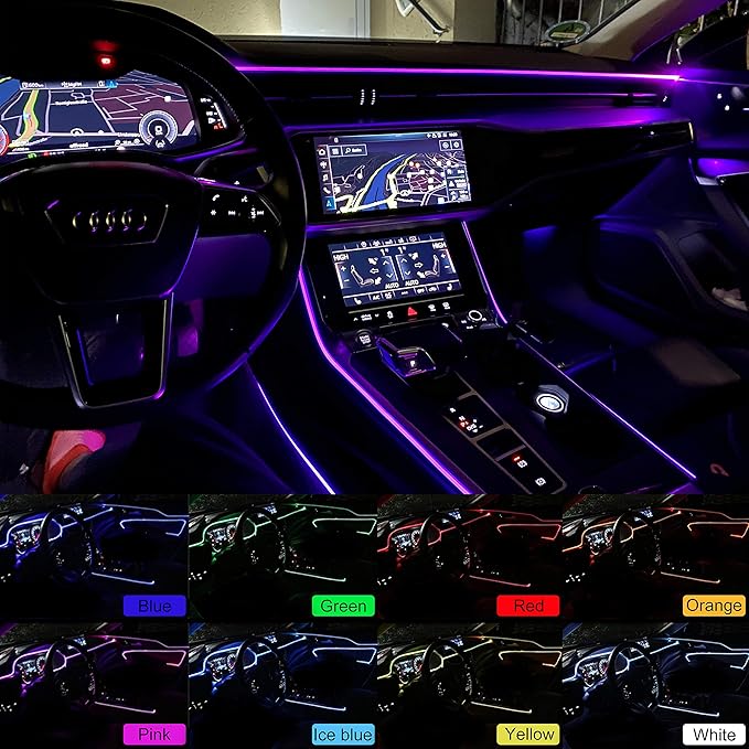 USB Car Ambient Lighting Optic Fiber 64 Colors Music Sound Active with APP Control Car Decorative Atmosphere Lighting Kit DC 12V 1W 3m