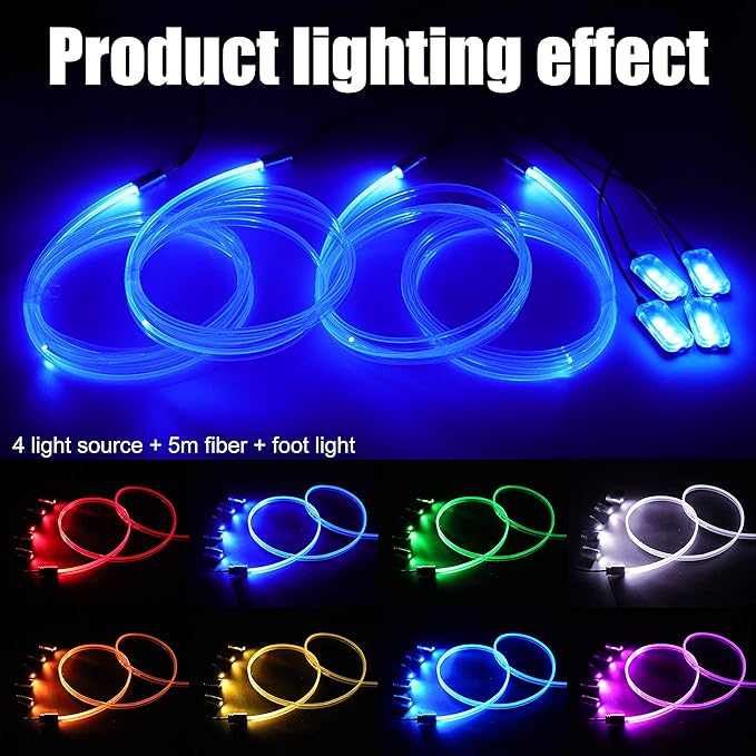 Car Atmosphere Light Kit 5m Fiber Optic Multicolor Sound Active Music Sync Memory Function RF Remote Controller Control 64 Colors USB Car Interior Footwell Ambient Lighting Kit