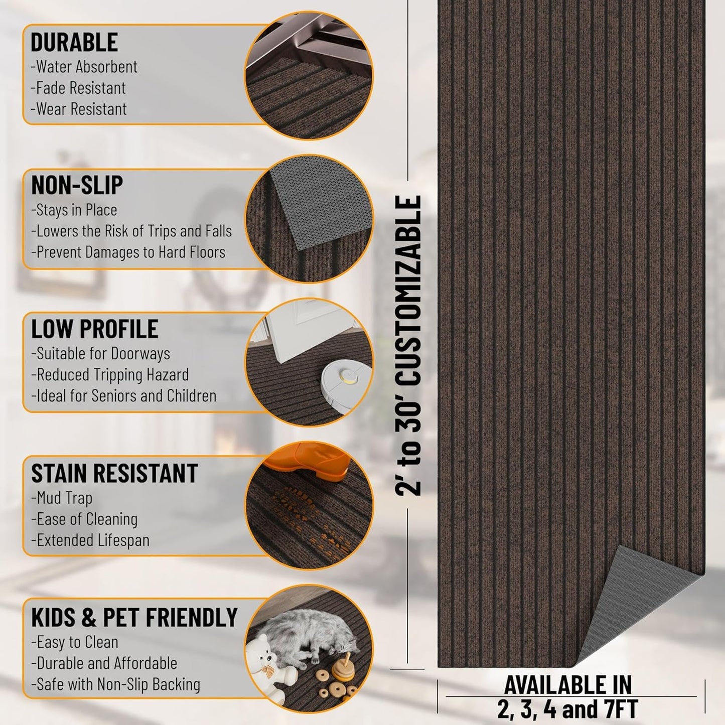 Ottomanson 2'7" x 51' Hallway Runner with Scraper Pile - Extra Durable Non-Slip Rug Mat for Indoor & Outdoor Use - Ideal for Kitchen, Entryway & Garage - High-Traffic Carpet, Brown