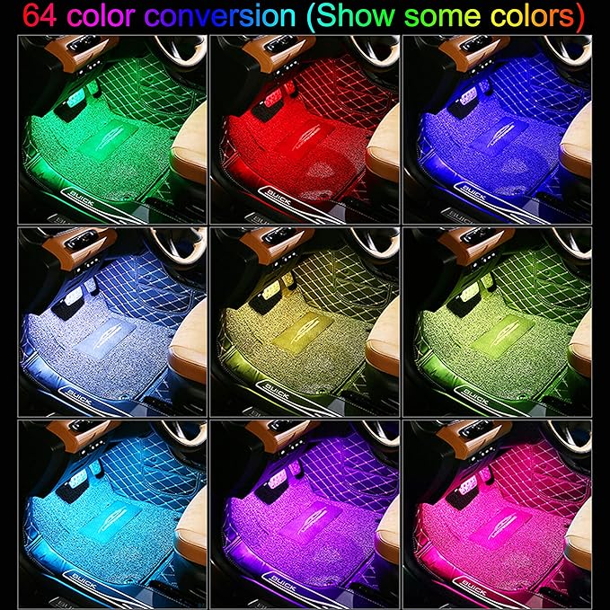 Car Footwell Atmosphere Light Kit RGB Multicolor Sound Active Music Sync Memory Function RF Remote Controller + Bluetooth APP Control 64 Colors USB Car Interior Ambient Lighting Kit DC 12V