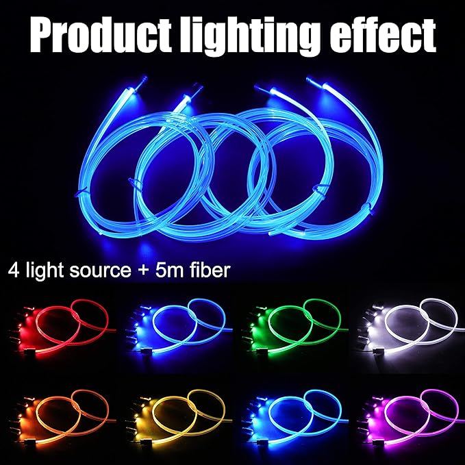 5 Meters Optic Fiber Car Ambient Lighting with Bluetooth App Control + RF Remote Control 64 Colors Multicoloured Music Interior Lighting Kit DC 12V 1W