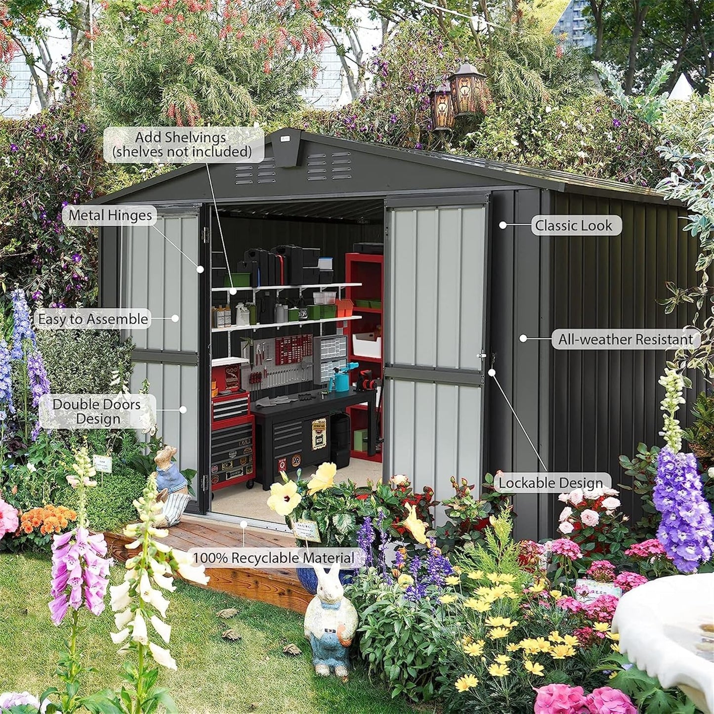 IKERY Galvanized Steel Storage Shed 10' x 8' with Lockable Door - Extra Large Metal Garden Shed for Bikes, Tools, Trash Cans - Backyard & Patio - Dark Gray