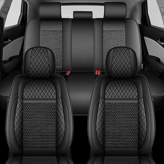 TTX LIGHTING for VW Tiguan 2009-2026 Car Seat Covers, Breathable Ice Silk & Leather Seat Protector, Cool & Anti-Sweat for Long Driving, Airbag Compatible, 5 Seats Full Set (Black)