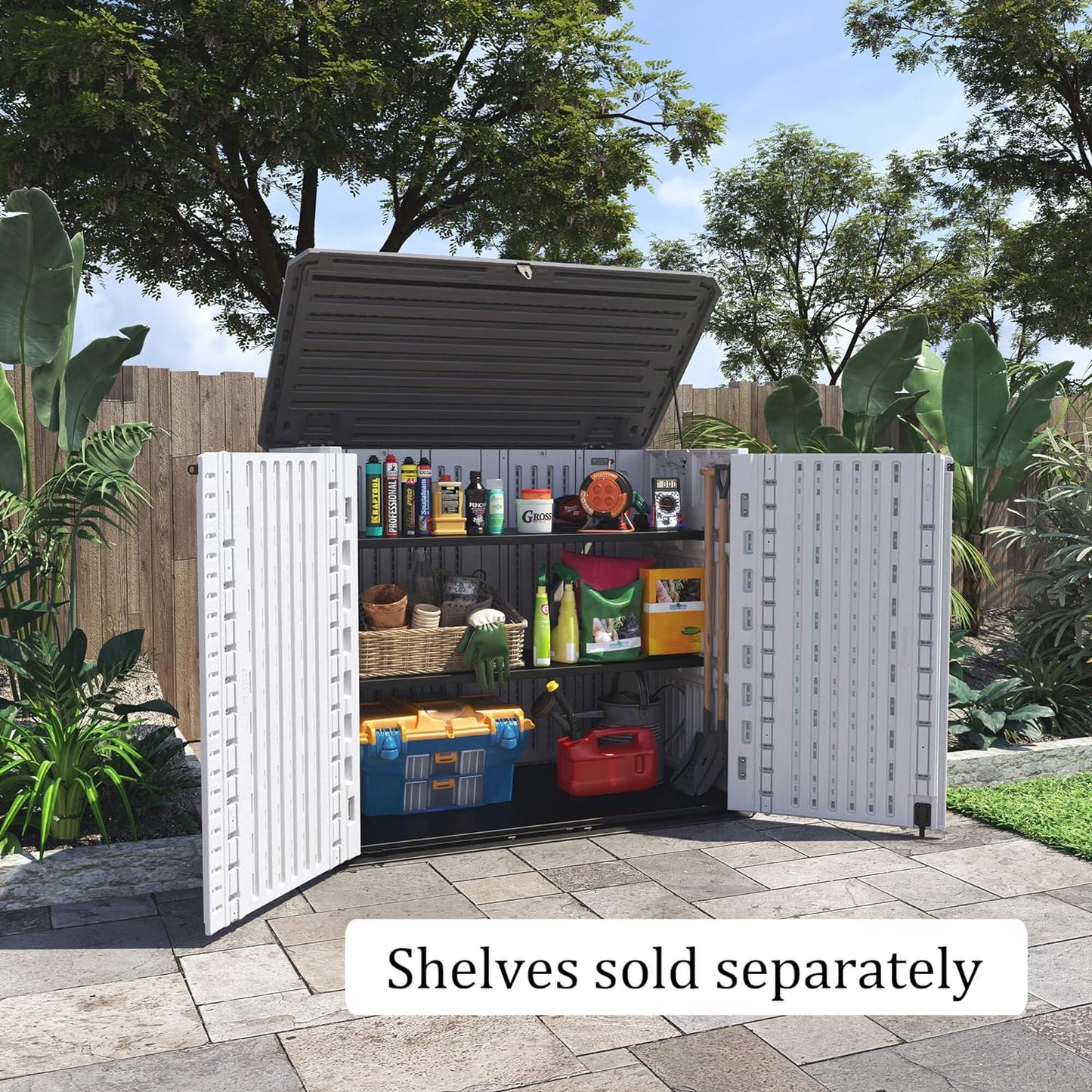 HOMSPARK Storage Shed Weather Resistance, Multi-Purpose Outdoor Storage Cabinet for Backyards and Patios, Horizontal Storage Shed for Lawnmower, Patio Accessories (White 1, Large - 26 cu.ft)