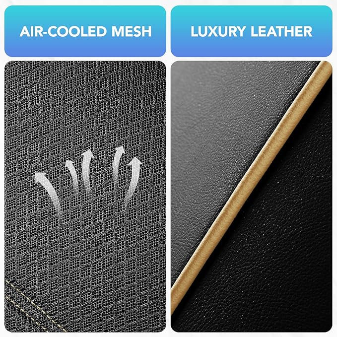 Road Comforts Car Seat Covers, Leather Front Seat Covers with Piping, Air-Cool Mesh Designed, Airbag Compatible Automotive Seat Covers for Most Car, Truck, Van, SUV - Black with Beige Piping