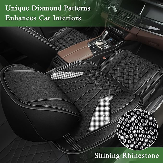Bling Diamond Embroidered Seat Covers for Subaru Outback 2007-2025 2026, Full Set 5 Seats, Sparkle Rhinestone Breathable Perforated Faux Leather Car Seat Covers for Women (Black)