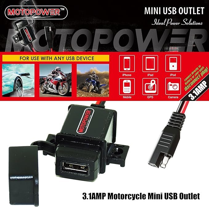 MOTOPOWER MP0609A 3.1Amp Motorcycle USB Port Kit SAE to USB Adapter On Motorcycle