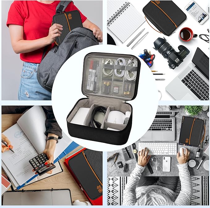 Electronics Organizer,Travel Cord Organizer Pouch, Portable Cable Organizer Bags, Waterproof Electronic Accessories Storage Case for Cables, Cords, Charger, Phone (Double Layer-Black)