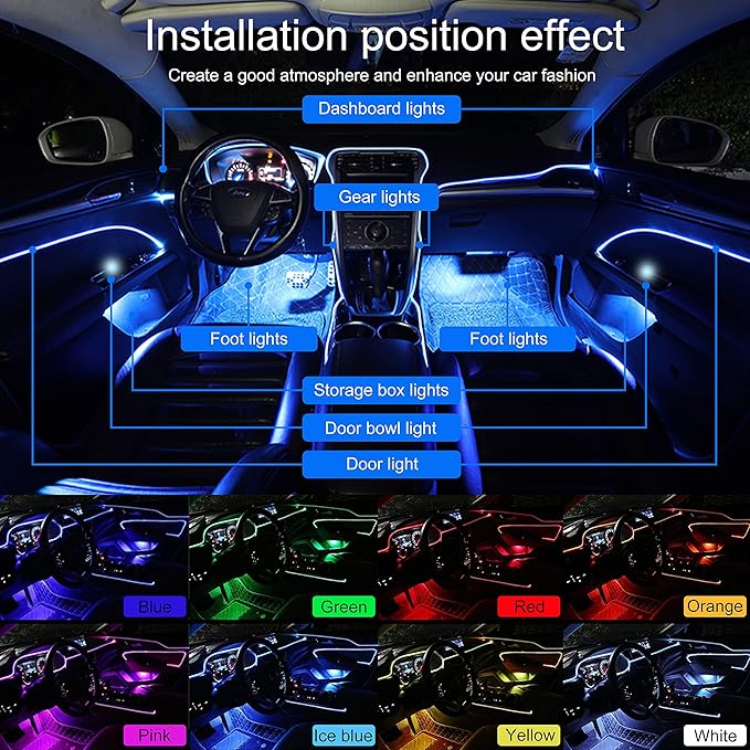 Car Interior Ambient Lighting Optic Fiber RGB 64 Colors Multicoloured Music Car Footwell Lighting Kit with Cigarette Lighter and App Microphone, DC 12V-24V 1W 3m
