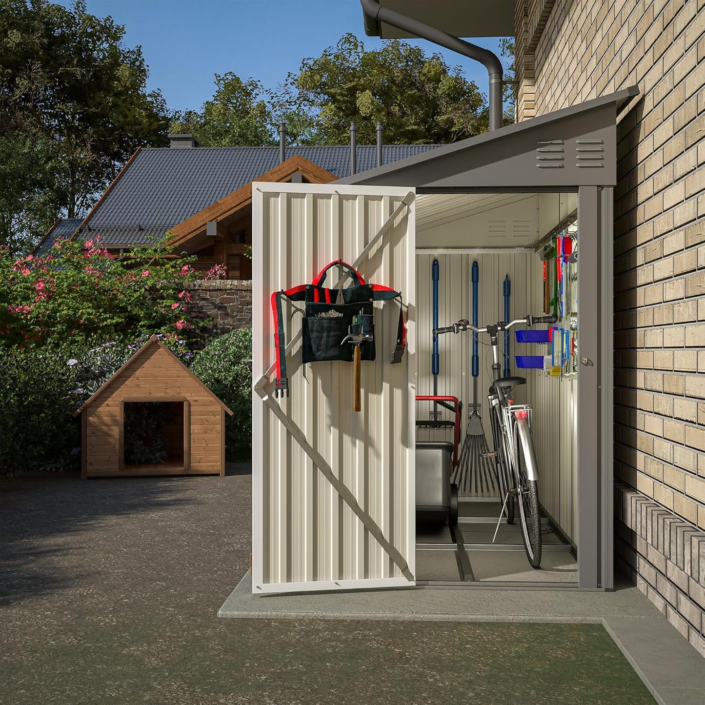 Shed Lean to Storage Shed, Outdoor 4' x 8' Metal Wall Side Storage Sheds & Outdoor Storage, Garden Storage Cabinet for Backayrd, Patio and Outdoor Use,Grey