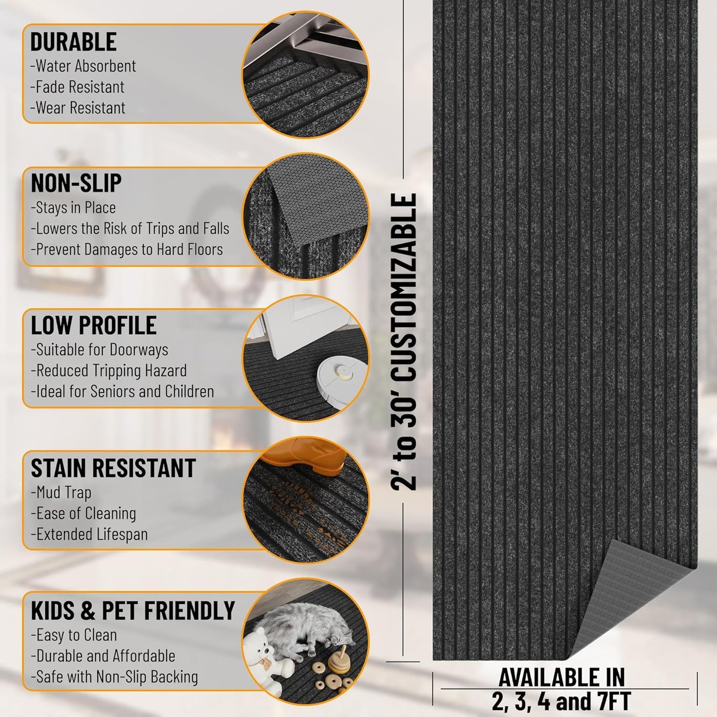 Ottomanson 2' x 23' Hallway Runner with Scraper Pile Extra Durable Non-Slip Rug Mat for Indoor & Outdoor Use - Ideal for Kitchen, Entryway, Patio & Garage - High-Traffic Carpet, Black