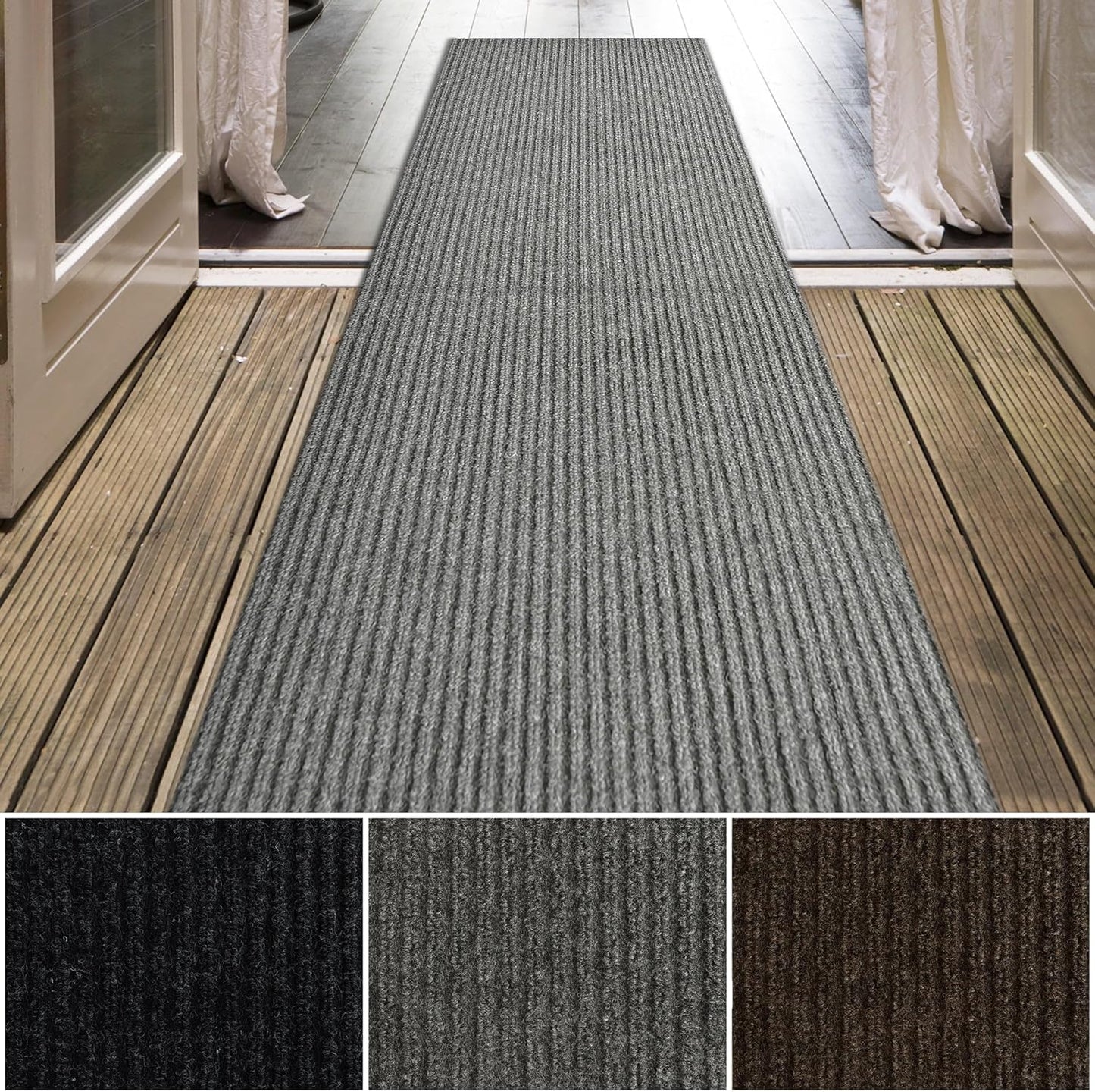 iCustomRug Spartan Weather Warrior Indoor/Outdoor Utility Ribbed Carpet Runner with Non-Slip Thermoplastic Rubber Backing, 3ft X 20ft in Grey