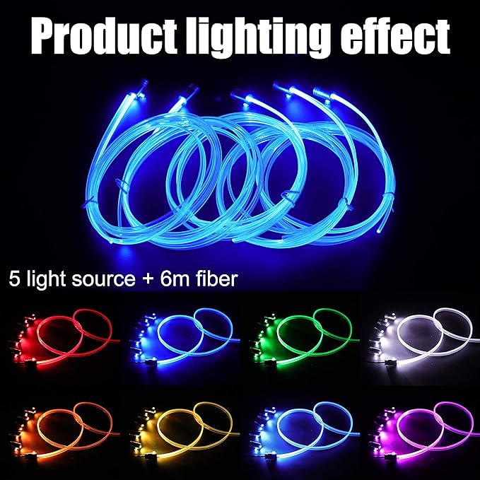 Car Ambient Lighting Optic Fiber 64 Colors Music Sound Active with RF Remote Control + APP Control Car Decorative Atmosphere Lighting Kit DC 12V 1W 6m
