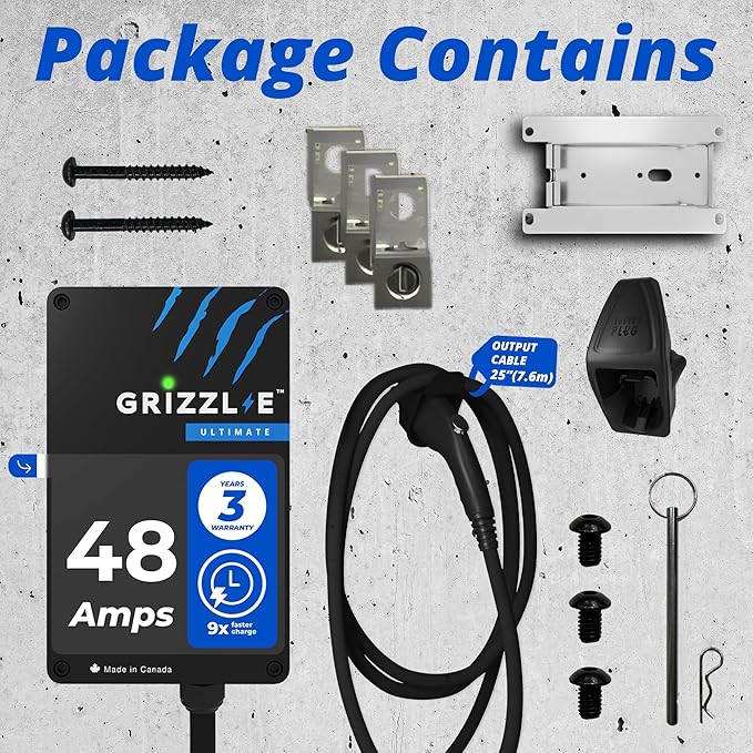 Grizzl-E 48A Ultimate Level 2 Fastest 48A Electric Vehicle (EV) Charger, UL Tested and Certified, Metal Case, Indoor/Outdoor Electric Car Fast Charging Station, Hardwired, Black, NACS
