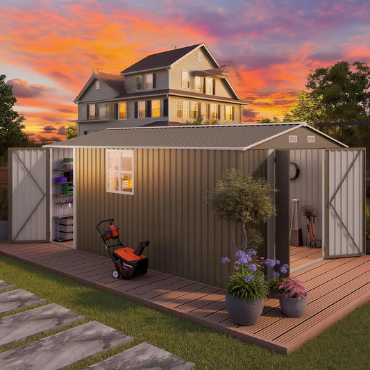 10 x 14 FT Outdoor Storage Shed, Metal Garden Tool Shed with Slooping Roof, Lockable Doors, All-Weather Bike Shed Easy to Assemble for Backyard, Patio, Lawn, White+Black