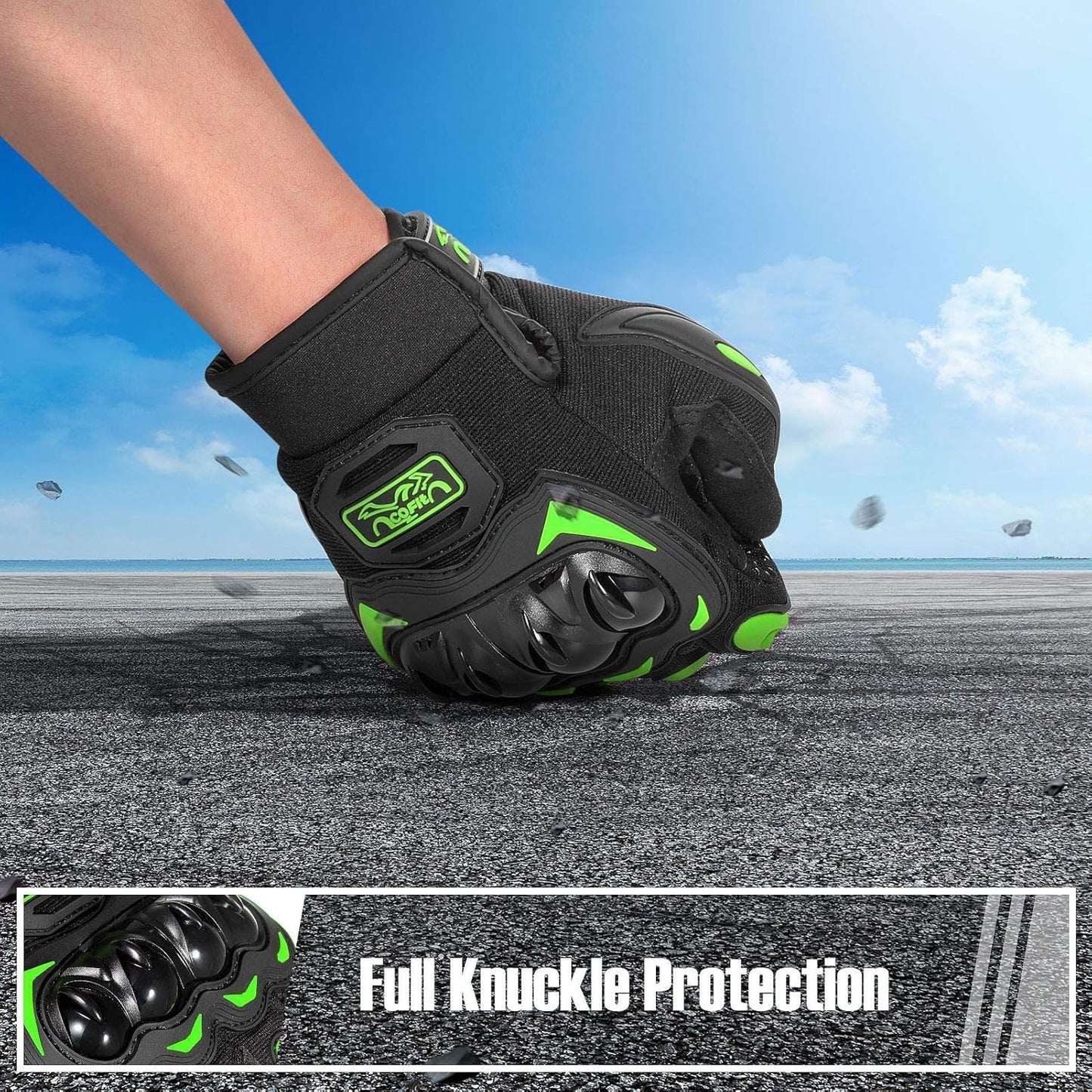 COFIT Motorcycle Gloves Breathable, Touchscreen Motorbike Gloves Anti-Slip with Good Grip Hard Knuckles Protection for Men Women Motocross, BMX ATV MTB Cycling, Road Racing - Green XL