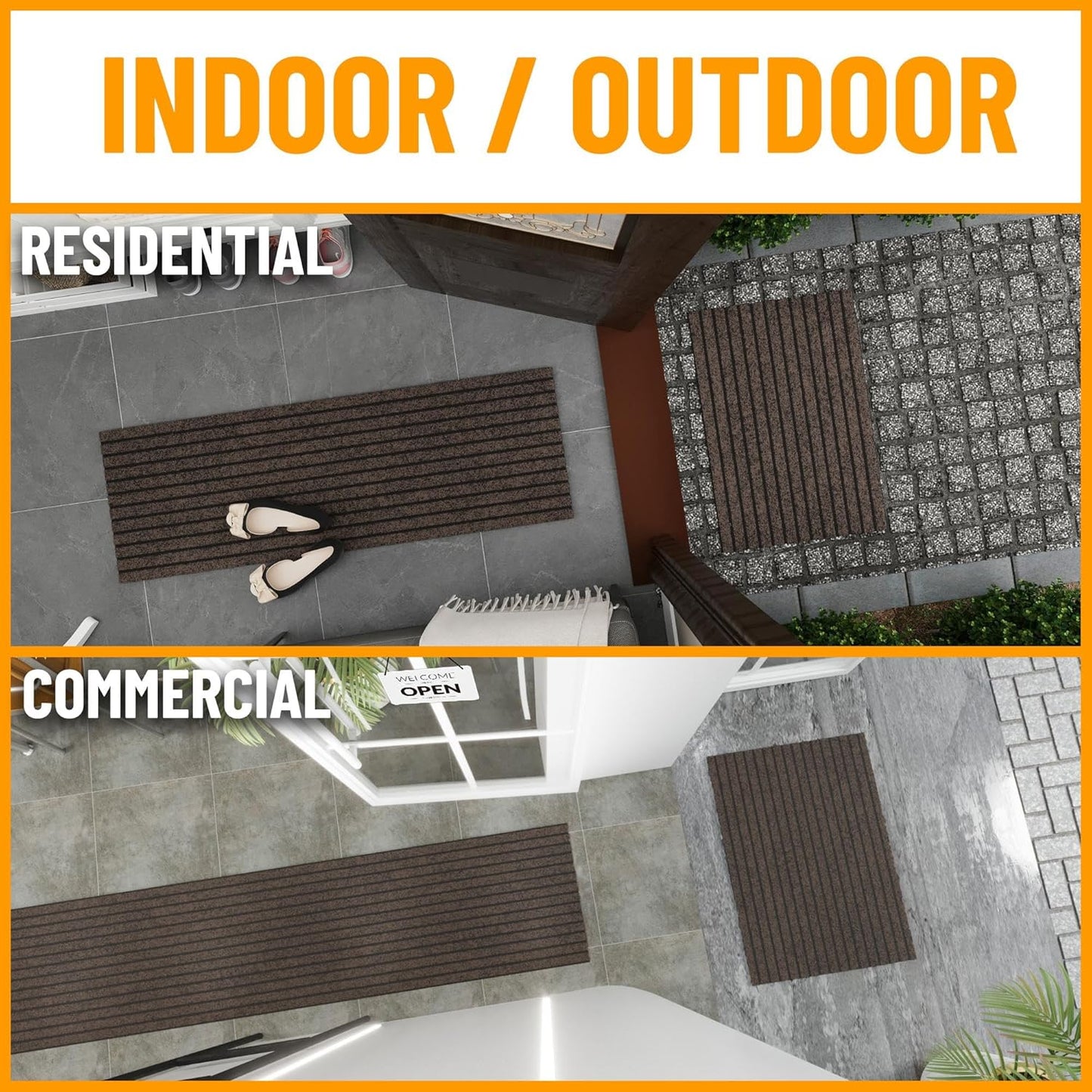 Ottomanson 2'7" x 27' Hallway Runner with Scraper Pile - Extra Durable Non-Slip Rug Mat for Indoor & Outdoor Use - Ideal for Kitchen, Entryway & Garage - High-Traffic Carpet, Brown