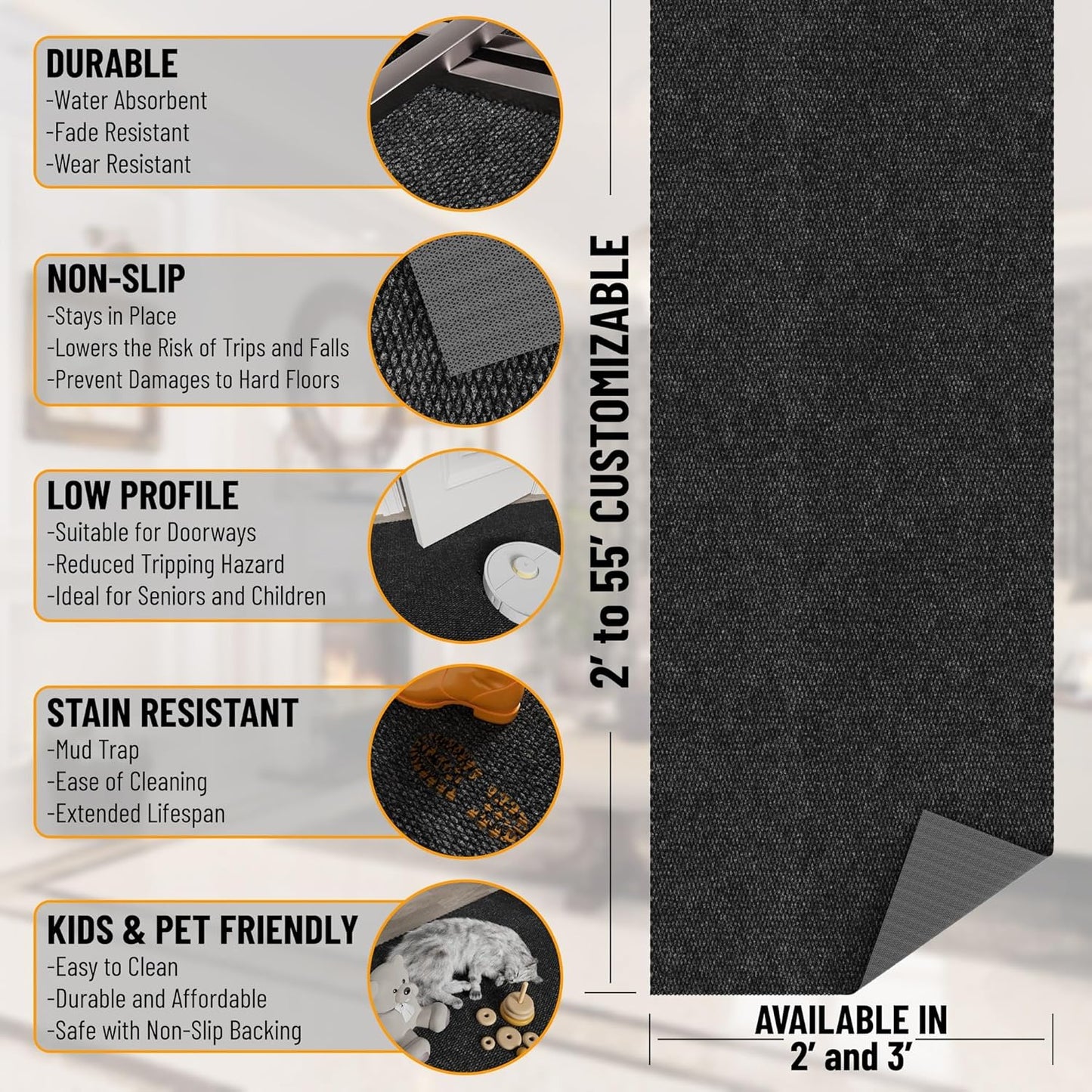 Ottomanson 2'7" x 37' Hallway Runner with Scraper Pile - Extra Durable Non-Slip Rug Mat for Indoor & Outdoor Use - Ideal for Kitchen, Entryway & Garage - High-Traffic Carpet, Black