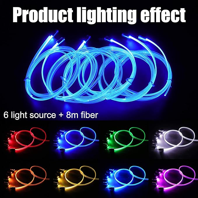 8 Meters Optic Fiber Car Ambient Lighting with Bluetooth App Control 64 Colors Multicoloured Music Interior Lighting Kit DC 12V 1W