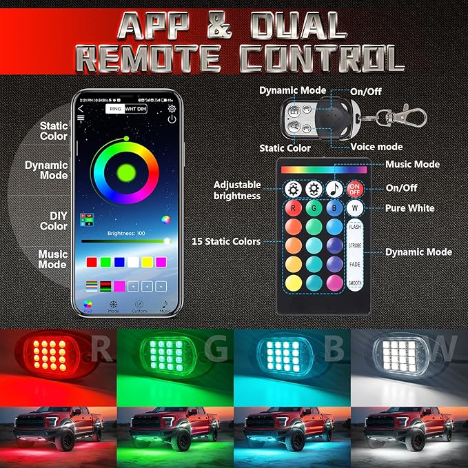 6 Pods RGBW LED Rock Lights for ATV UTV Golf Cart RZR SXS Truck Jeeps Off Road, Waterproof Multicolor Neon Underglow Kit with APP/RF Remote Control&Brake Red Function,12V Pure White Underbody Lights