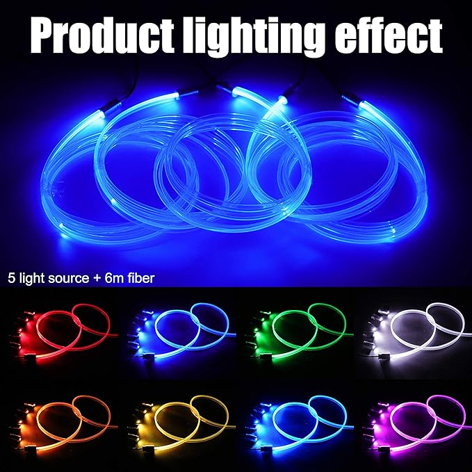 Car Interior Ambient Lighting Optic Fiber RGB 64 Colors Multicoloured Music Car Footwell Lighting Kit with Cigarette Lighter and App Microphone, 12-24V 6m