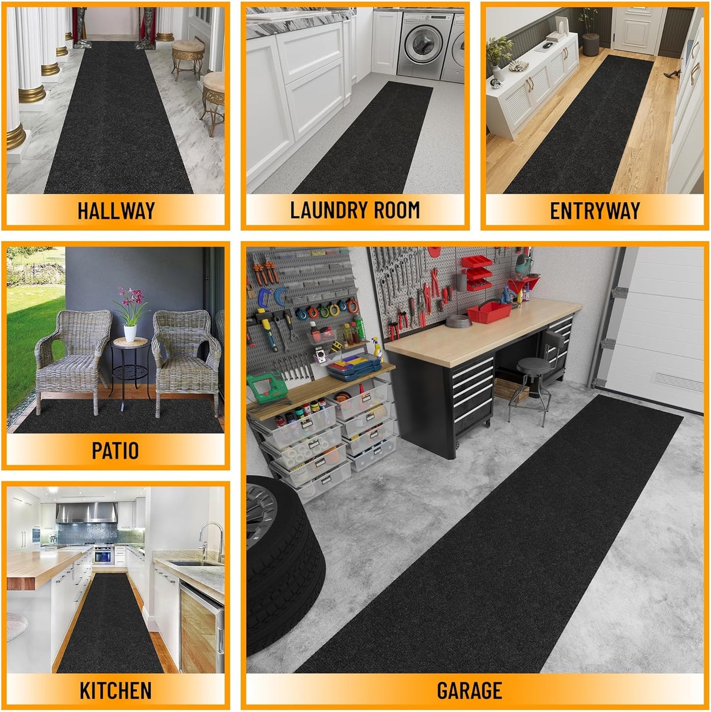 Ottomanson 2' x 42' Hallway Runner with Scraper Pile Extra Durable Non-Slip Rug Mat for Indoor & Outdoor Use - Ideal for Kitchen, Entryway, Patio & Garage - High-Traffic Carpet, Black