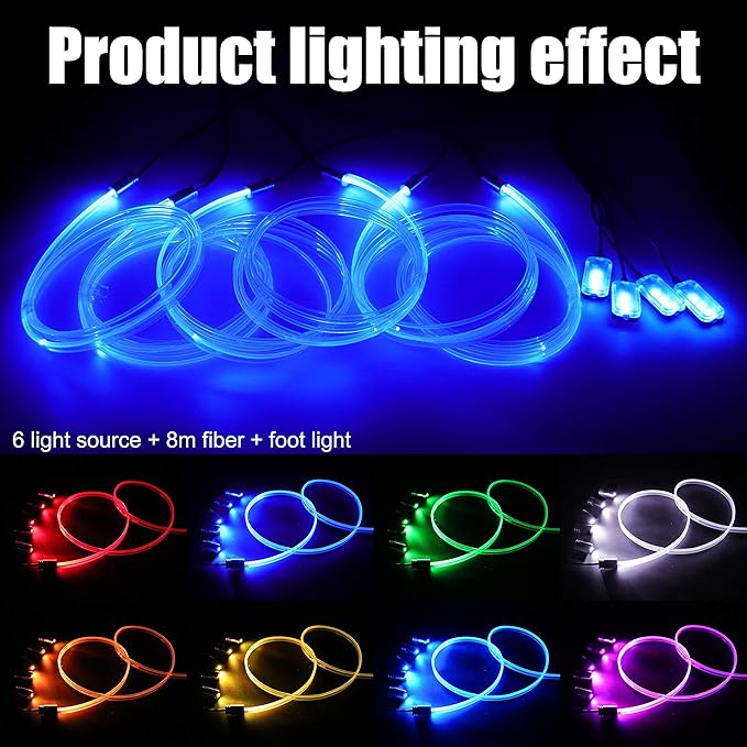 Car Atmosphere Light Kit 8m Fiber Optic Multicolor Sound Active Music Sync Memory Function RF Remote Controller + Bluetooth APP Control 64 Colors USB Car Interior Footwell Ambient Lighting Kit