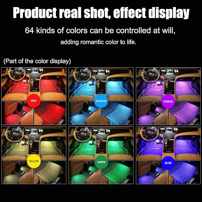 Car Interior Ambient Lighting RGB 64 Colors Multicoloured Music Car Footwell Lighting Kit with Cigarette Lighter and App Microphone, 12V-24V 1W