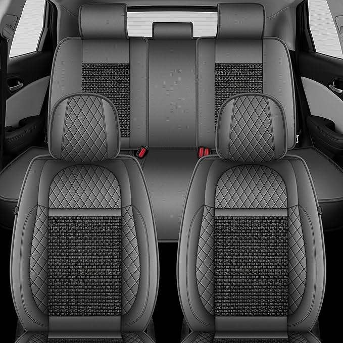 TTX LIGHTING for Nissan Maxima 2011-2023 Car Seat Covers, Breathable Ice Silk & Leather Seat Protector, Cool & Anti-Sweat for Long Driving, Airbag Compatible, 5 Seats Full Set (Black&Gray)
