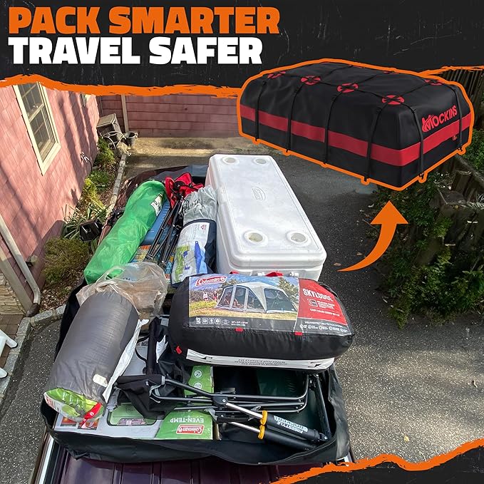 Mockins 45 CuFt XL Waterproof Rooftop Cargo Carrier Bag | 75"x48"x22" Heavy-Duty Car Roof Cargo Carrier for Use with or Without Roof Rack | All-Weather Car Bag with Mat, Lock, Hooks, Straps & Case