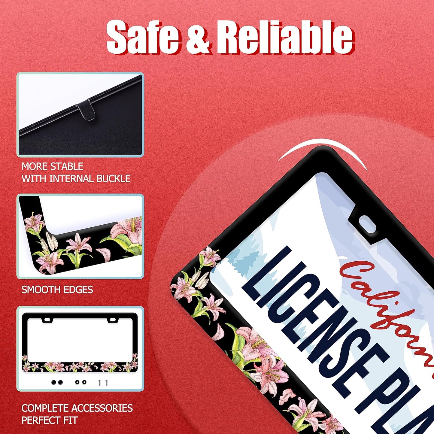 Pink Lily License Plate Frame Beautiful Floral Flower License Plate Stainless Steel Funny License Plate Decorative with Screws Size 12.3" x 6.3" Men Women